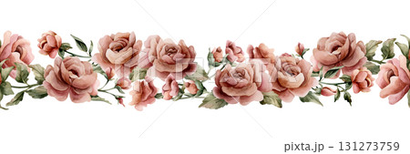 Rose with bud and leaves seamless border. Dusty pink garden Victorian flower. Watercolor hand painted floral isolated illustration for wedding design home textile porcelain crockery cosmetic package Rose with bud and leaves seamless border. Dusty pink garden Victorian flower. Watercolor hand painted floral isolated illustration for wedding design home textile porcelain crockery cosmetic package 131273759