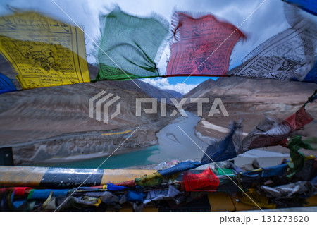 Colorful Flags above Sangam viewpoint Point. Colorful Flags above Sangam viewpoint Point. 131273820
