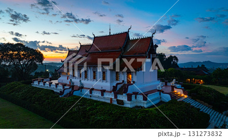Aerial view of scenery Wat Baan Khan Temple at twilight Aerial view of scenery Wat Baan Khan Temple at twilight 131273832