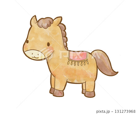 水彩風で描いた止まっているかわいい馬のキャラクター 年賀状や干支デザインに使えるお正月素材 131273968