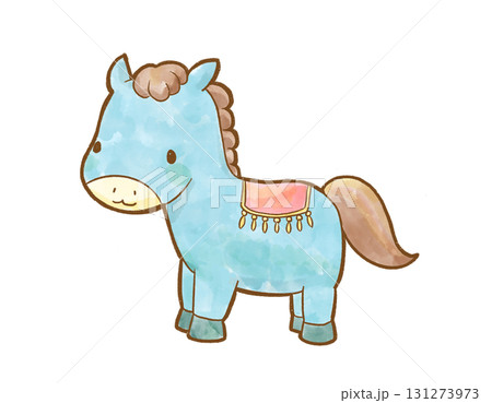 水彩風で描いた止まっている水色のかわいい馬のキャラクター 年賀状や干支デザインに使えるお正月素材 131273973