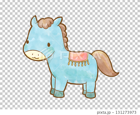 水彩風で描いた止まっている水色のかわいい馬のキャラクター 年賀状や干支デザインに使えるお正月素材 131273973