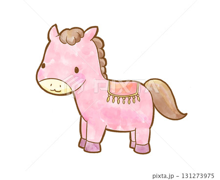 水彩風で描いた止まっているピンク色のかわいい馬のキャラクター 年賀状や干支デザインに使えるお正月素材 131273975