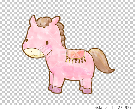 水彩風で描いた止まっているピンク色のかわいい馬のキャラクター 年賀状や干支デザインに使えるお正月素材 131273975