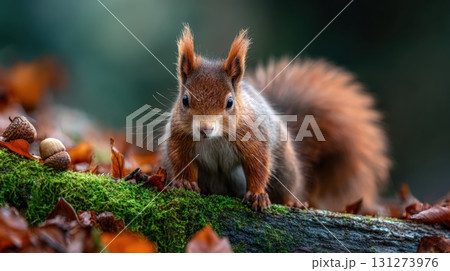 Red Squirrel Gathering Acorns on Moss-Covered Log in Autumn Forest 131273976