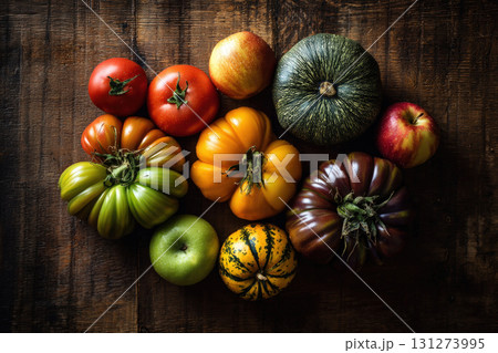 Colorful Fall Produce Arrangement on Dark Wooden Surface 131273995