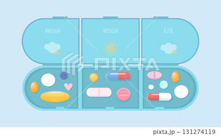 An open organizer for daily medication intake, filled with various pills, vitamins, and capsules. 131274119