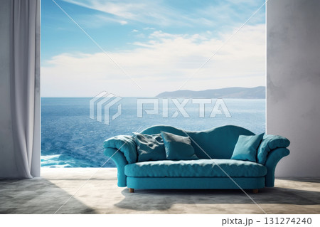 Embrace tranquility with this stunning image featuring a luxurious velvet sofa against an idyllic ocean backdrop, perfectly blending indoor comfort with nature's majesty. 131274240