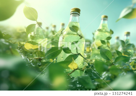 clear bottle nestled among vibrant leaves, sparkling with dew for a pure 131274241