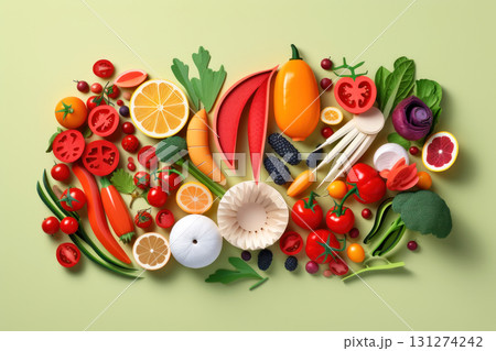 Vibrant assortment of fresh fruits and vegetables artistically arranged on a pastel background 131274242