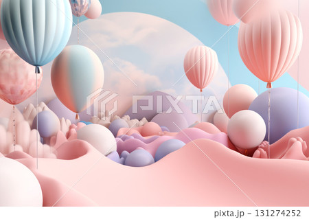 Mesmerizing dreamscape with glossy balloons floating under a serene blue sky with fluffy cloud 131274252