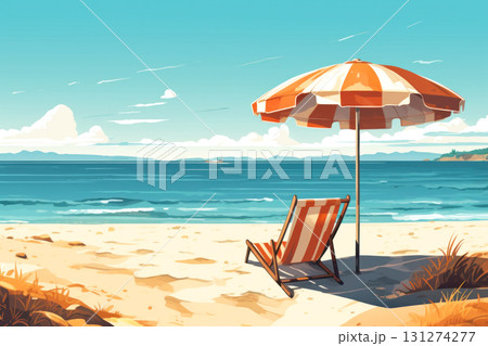 Escape to a serene beach with this vibrant illustration of a beach chair under an umbrella, offering a perfect summer vibe for your devices background. 131274277