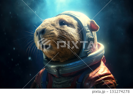 A capybara in a spacesuit against a starry backdrop creates a surreal 131274278