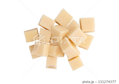 sliced cheese isolated, top view 131274377