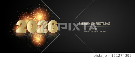Festive background with New Year's inscription with gold numbers 2026 and fireworks on a dark background. Festive background with New Year's inscription with gold numbers 2026 and fireworks on a dark background. 131274393