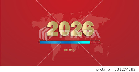 New Year's background with golden numbers 2026, the inscription loading on a red background with an outline of the earth. New Year's background with golden numbers 2026, the inscription loading on a red background with an outline of the earth. 131274395