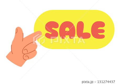 Hand of child points to sale button. Vector illustration Hand of child points to sale button. Vector illustration 131274437