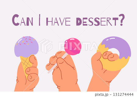 Set of children s hands hold donut, lollipop and ice cream on white background. Vector isolated 131274444