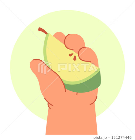 Baby hand holding piece of apple. Vector illustration isolated on white Baby hand holding piece of apple. Vector illustration isolated on white 131274446