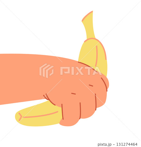 Banana in baby hand. Isolated on white background, summer fruits concept. Vector 131274464