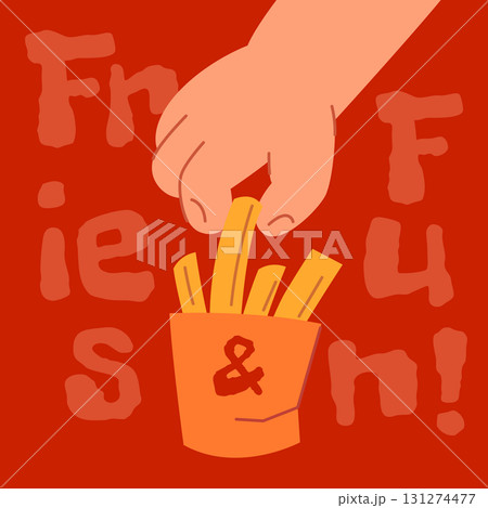 Hand of kid take french fries chips on red background. Vector illustration Hand of kid take french fries chips on red background. Vector illustration 131274477