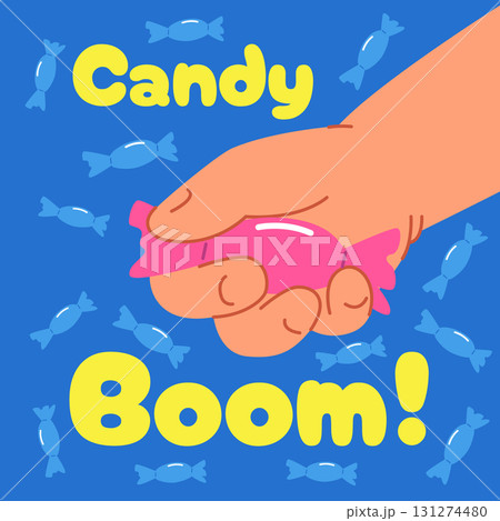 Baby hand with lollipop, candy on blue background. Vector illustration 131274480