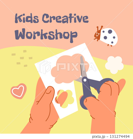 Cute little kid cutting colored paper with scissors making cloud shape paper cut art craft Cute little kid cutting colored paper with scissors making cloud shape paper cut art craft 131274494