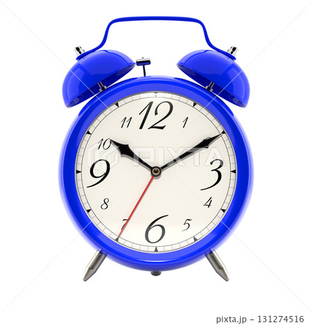 Alarm clock, vintage style blue color clock with black hands. 131274516