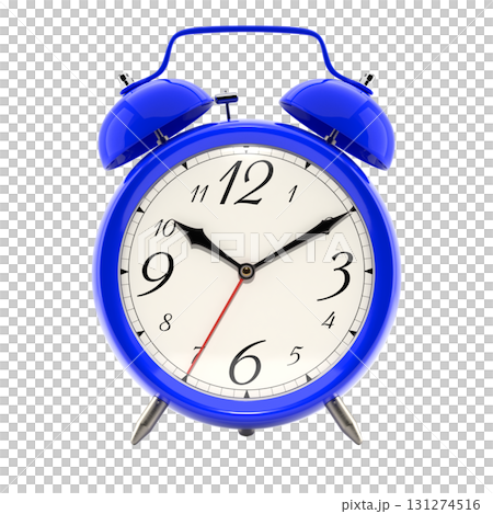 Alarm clock, vintage style blue color clock with black hands. 131274516
