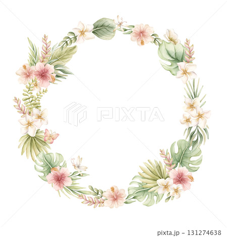 Monstera Palm Leaves Hibiscus Plumeria Flowers. Tropical Exotic wreath. Watercolor hand painted summer pastel neutral isolated illustration on white background for nursery kids baby card logo label Monstera Palm Leaves Hibiscus Plumeria Flowers. Tropical Exotic wreath. Watercolor hand painted summer pastel neutral isolated illustration on white background for nursery kids baby card logo label 131274638