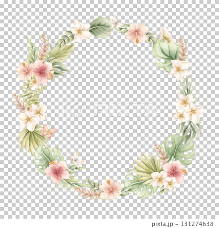 Monstera Palm Leaves Hibiscus Plumeria Flowers. Tropical Exotic wreath. Watercolor hand painted summer pastel neutral isolated illustration on white background for nursery kids baby card logo label Monstera Palm Leaves Hibiscus Plumeria Flowers. Tropical Exotic wreath. Watercolor hand painted summer pastel neutral isolated illustration on white background for nursery kids baby card logo label 131274638