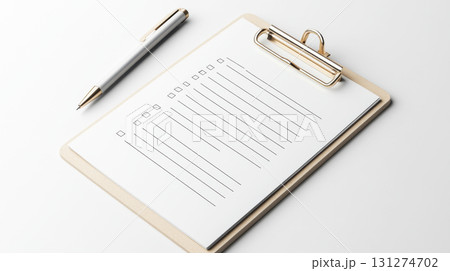 Floating clipboard with survey form featuring balanced typography and rating scales. Survey research answer checklist 131274702