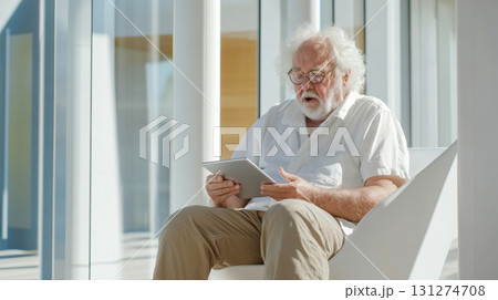 Older man reviewing an employee feedback form on a tablet in a professional office setting. Survey research answer checklist 131274708