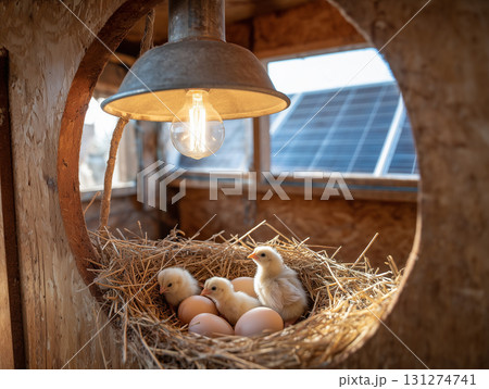 Sustainable chicken coop with newborn chicks and solar powered heating lamp symbolizing renewable energy in everyday rural farming life (horizontal) 131274741