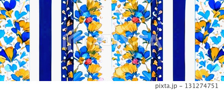 背景素材　水彩画風イラスト　花柄　カラフルな花のパターン　青色系 131274751