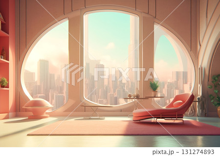 Step into a serene urban retreat with a futuristic lounge overlooking a vibrant cityscape bathed in warm sunlight. 131274893