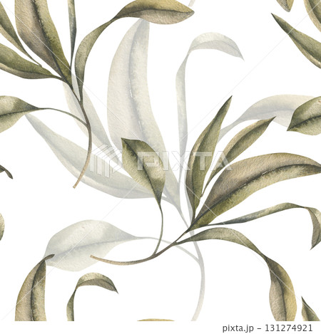 Greenery floral seamless pattern with exotic leaves branches watercolor illustration. Hand drawn botanical background with fresh tropical leaves for wallpaper, wrapping, textile design 131274921