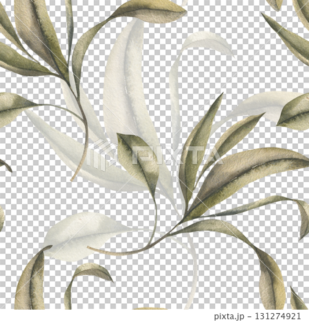 Greenery floral seamless pattern with exotic leaves branches watercolor illustration. Hand drawn botanical background with fresh tropical leaves for wallpaper, wrapping, textile design 131274921