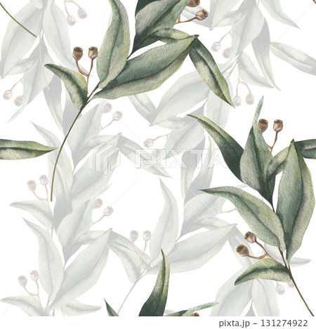 Elegant floral seamless pattern with eucalyptus green fresh branches watercolor illustration. Hand drawn nature motifs background with tropical exotic leaves for home textile,fabric, wallpaper design 131274922