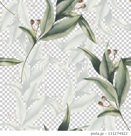 Elegant floral seamless pattern with eucalyptus green fresh branches watercolor illustration. Hand drawn nature motifs background with tropical exotic leaves for home textile,fabric, wallpaper design 131274922