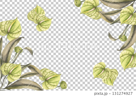 Floral foliage watercolor banner with tropical anthurium flowers and greenery illustrations. Hand drawn frame with exotic botanical elements for card, wedding invitation summer design Floral foliage watercolor banner with tropical anthurium flowers and greenery illustrations. Hand drawn frame with exotic botanical elements for card, wedding invitation summer design 131274927