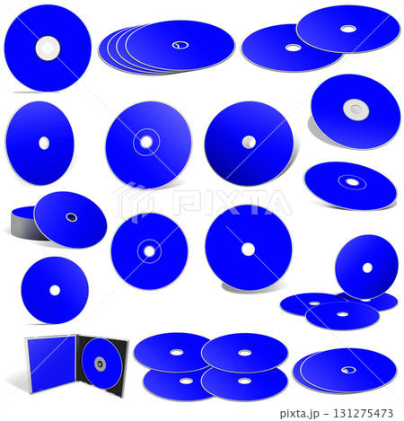 Blue abstract CD disks and boxes on white background. 131275473