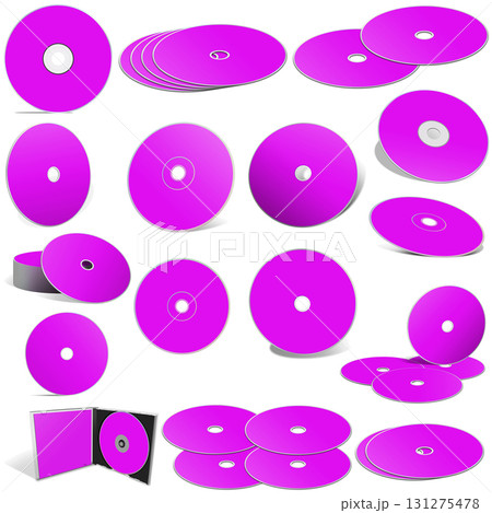 Abstract magenta CD disks and boxes on white background. 131275478
