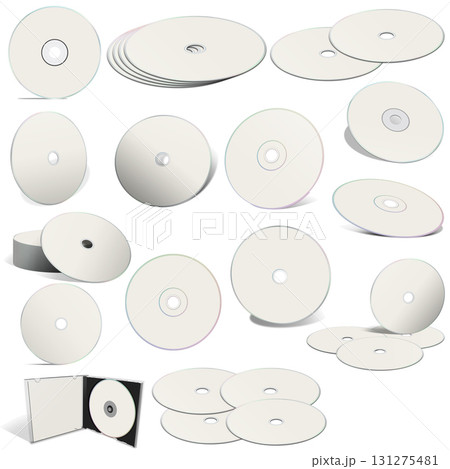 Abstract white CD disks and boxes on white background. 131275481