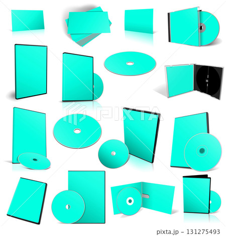 Abstract cyan DVD disks and boxes on white background. 131275493
