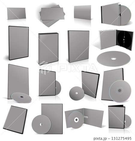 Abstract grey DVD disks and boxes on white background. 131275495