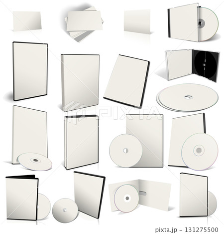 Abstract white DVD disks and boxes on white background. Abstract white DVD disks and boxes on white background. 131275500
