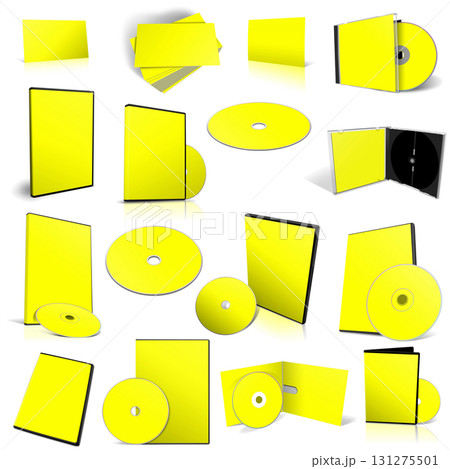 Abstract yellow DVD disks and boxes on white background. 131275501