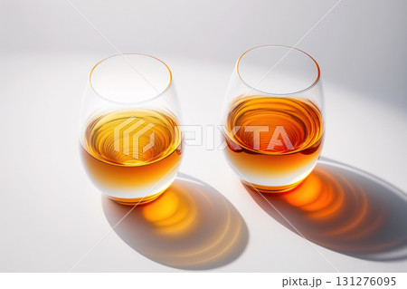 Two glasses of amber whiskey with elegant reflections on a modern surface Two glasses of amber whiskey with elegant reflections on a modern surface 131276095
