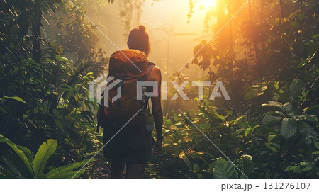 Explore the untamed beauty of nature with this captivating image of an adventurer journeying 131276107